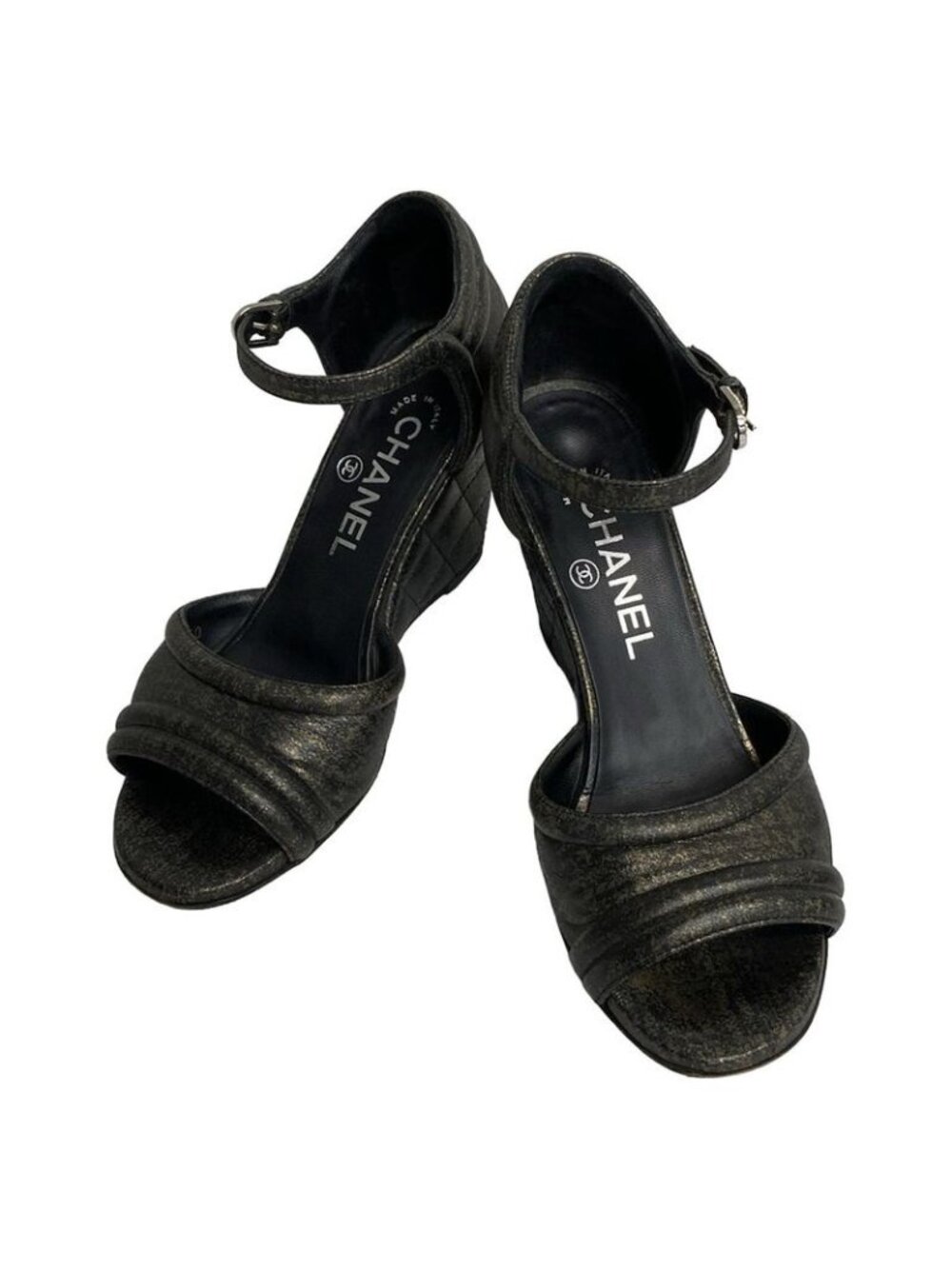 Chanel Sandals 5.5 C Gold Black Wedge Sole CC Logo Faux Pearl Leather - Picture 2 of 7